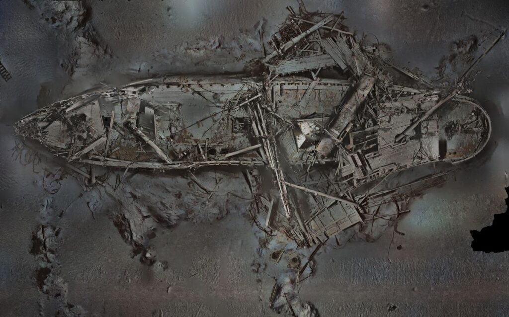 A top-down 3D scan of the Endurance shipwreck as discovered in 2022.