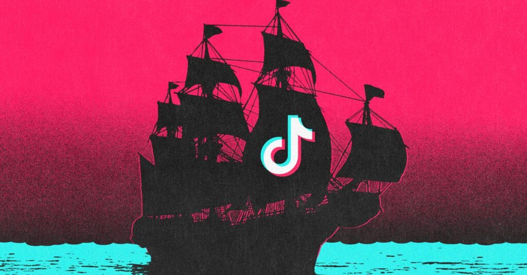 Illustration of an old sailing ship with the Tiktok logo.