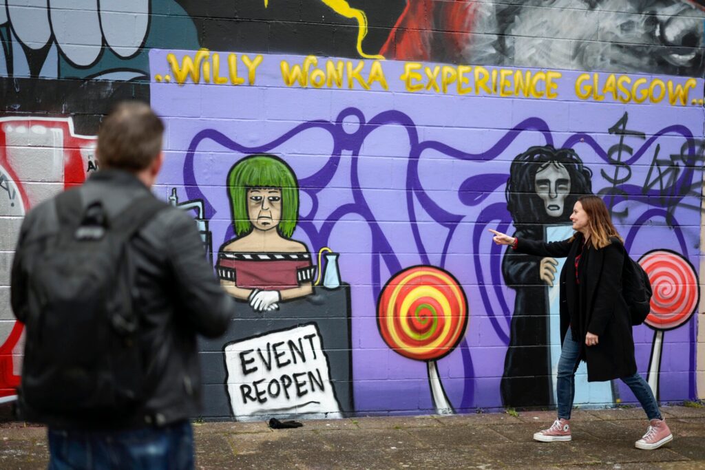 A mural of the Willy Wonka Experience in Glasgow, Scotland