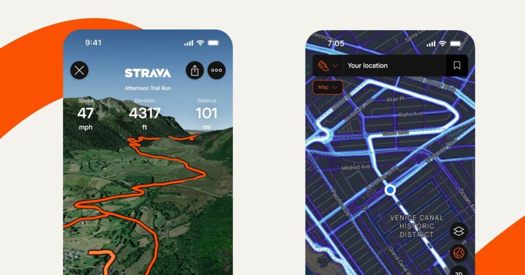 Two simulated screenshots of the Strava app showing the flyover and heat map features