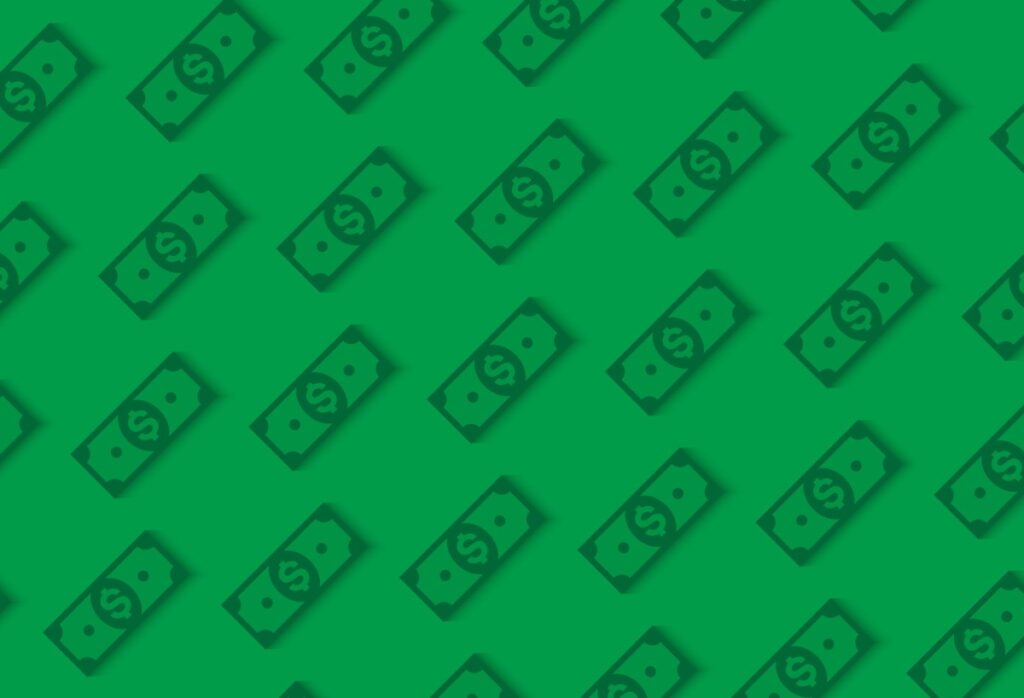 Money or finance green pattern with dollar banknotes. Banking, cashback, payment, e-commerce. Vector background.