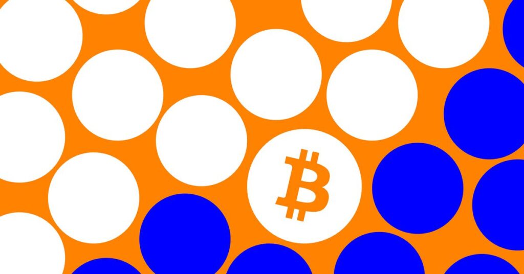 Art depicting white and blue circles against an orange background. One circle in the center has a Bitcoin logo.