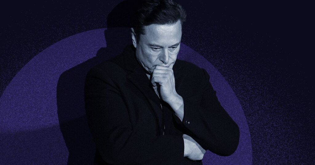 Elon Musk pontificates against a spotlight and blue background