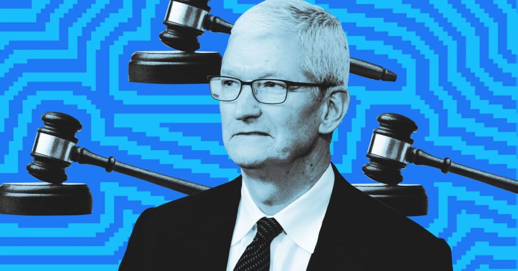 Photo illustration of Tim Cook in front of gavels.