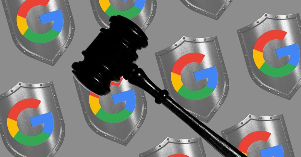 A gavel in front of a background of Google shields.