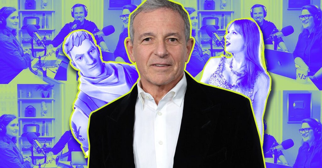 An image of Bob Iger on top of a screenshot from The Vergecast.