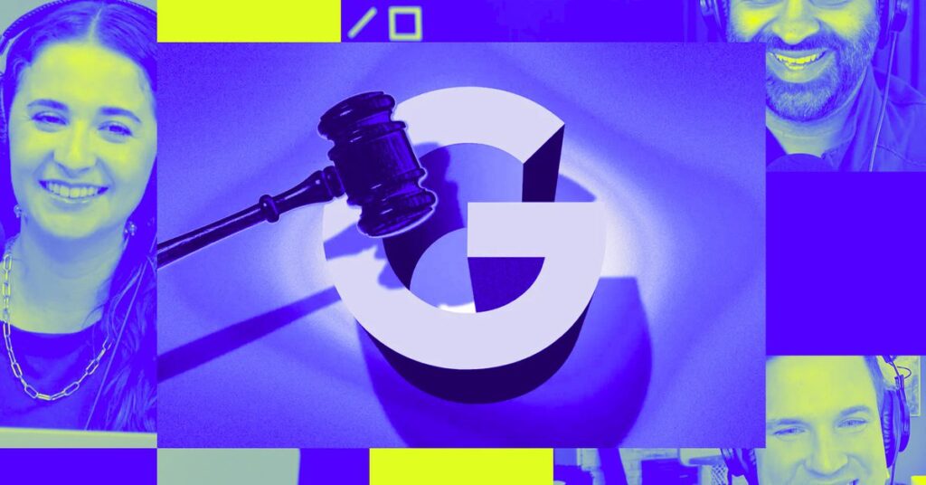 A photo of a gavel on a Google logo, with a Vergecast background.