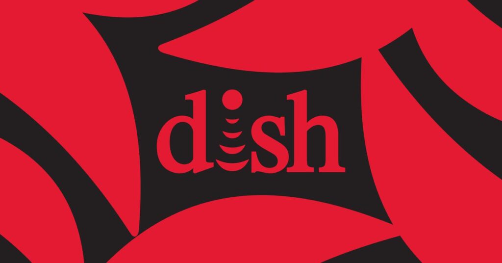 Illustration of the Dish wordmark on a black and red background.