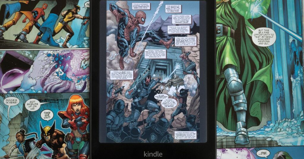 The Amazon Kindle Colorsoft e-reader sitting on top of a comic book.