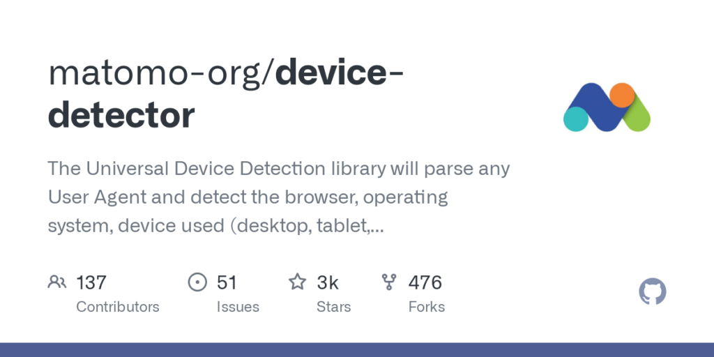 matomo-org/device-detector: The Universal Device Detection library will parse any User Agent and detect the browser, operating system, device used (desktop, tablet, mobile, tv, cars, console, etc.), brand and model.