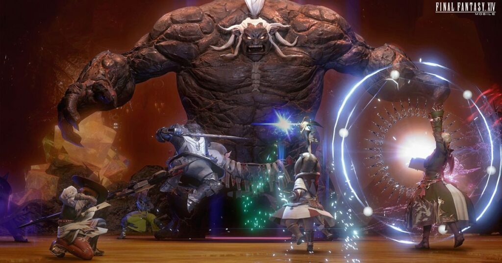 Screenshot from FFXIV Mobile featuring a party of characters fighting against Titan, a large monster with the power over earth.