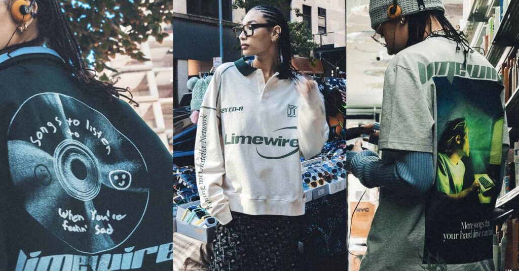 Three images of people wearing Dumbgood’s Limewire apparel.