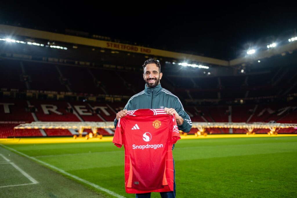 MANCHESTER, ENGLAND - NOVEMBER 14: (EXCLUSIVE COVERAGE) (EDITOR'S NOTE: Image processed using a digital filter) In this image released on November 15th, Ruben Amorim is seen giving an interview at Old Trafford on November 14, 2024 in Manchester, England. (Photo by Ash Donelon/Manchester United via Getty Images)