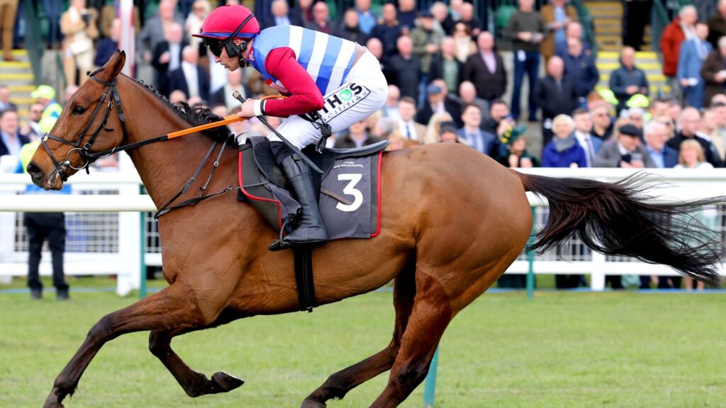 Thunder Rock ridden by jockey Adrian Heskin wins the Quiz Clothing Novices’ Hurdle during the Coral Scottish Grand National Ladies Day at Ayr