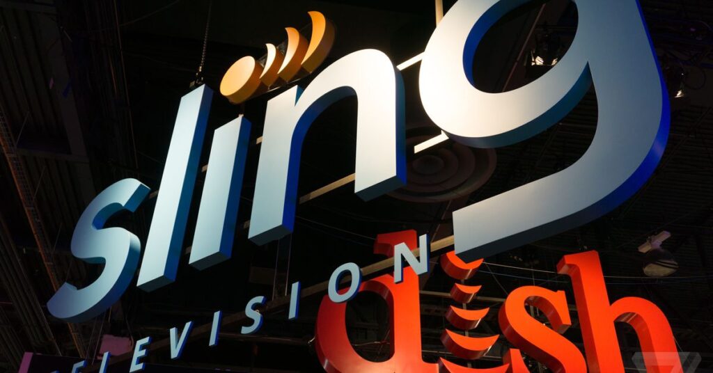 A photo of the Sling TV and Dish logos at CES 2015.