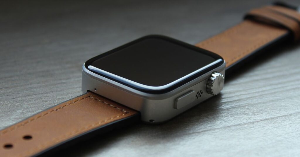 A close-up of the Pocuter Spectra smartwatch with a brown leather strap attached.