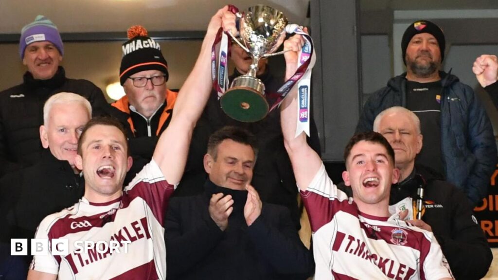 Mark McGuigan and Conor McAllister celebrate after Slaughtneil regained the Ulster Club Hurling title earlier this month