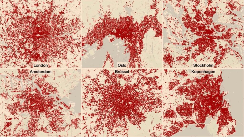 Several images of location data across maps of several European capitals, including London, Amsterdam, and Oslo