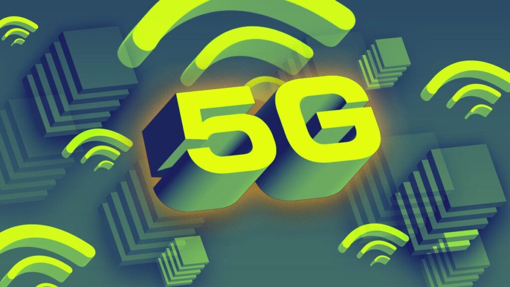 5G text surrounded by 3d stacked squares and Wi-Fi symbols on a gradient green background.