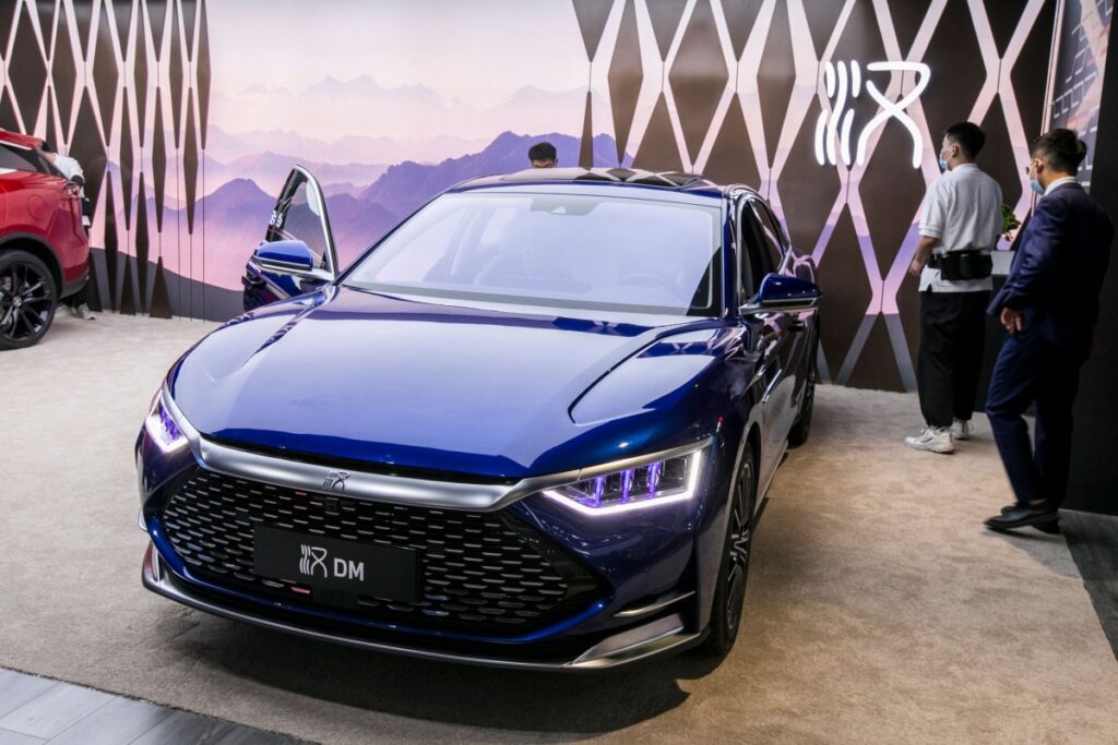 A BYD Han car is on display at Auto Shanghai 2021