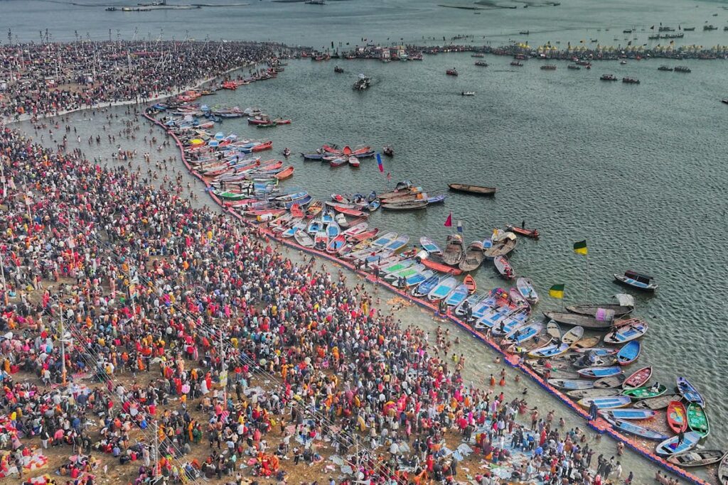 Arial View of the Kumbh Mela at Triveni Sangam in Prayagraj.