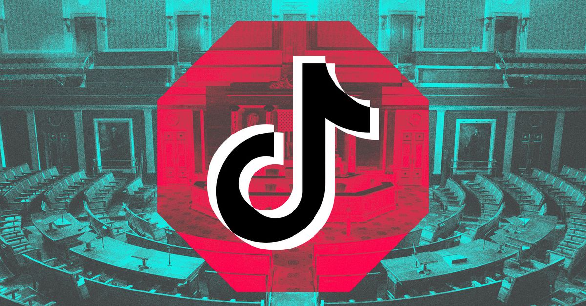 Graphic photo illustration of the TikTok logo in a stop sign overlayed on a photo of Congress.