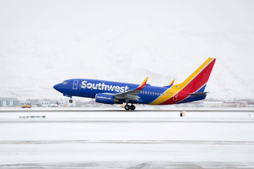 A file photo of a Southwest Airlines aircraft during winter.