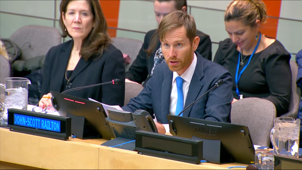 Citizen Lab senior researcher John Scott-Railton, right, and Deputy U.S. Representative to the United Nations Dorothy Camille Shea, left, during the UN Security Council meeting on commercial spyware in New York City, on Jan. 14, 2025.