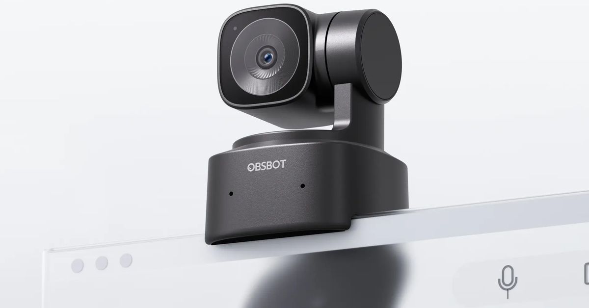 The Obsbot Tiny SE webcam mounted on top of a monitor.