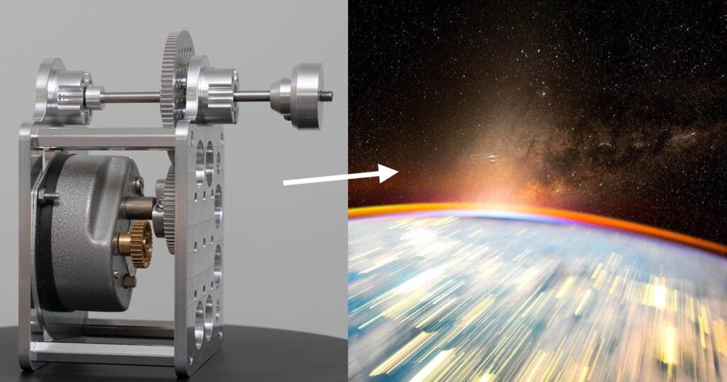 A mechanical device with gears is shown on the left. An arrow points from it to a vibrant, blurred image of space, Earth, and a distant galaxy on the right, suggesting a connection between the device and space exploration.