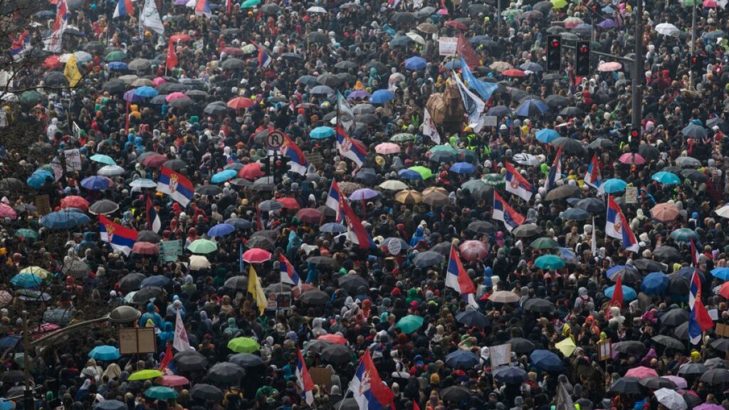 Euronews Over 100,000 people gather in Belgrade over Novi Sad's canopy collapse which killed 15