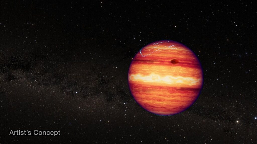 an illustration of a red and orange planet with a Jupiter-like striped texture in outer space