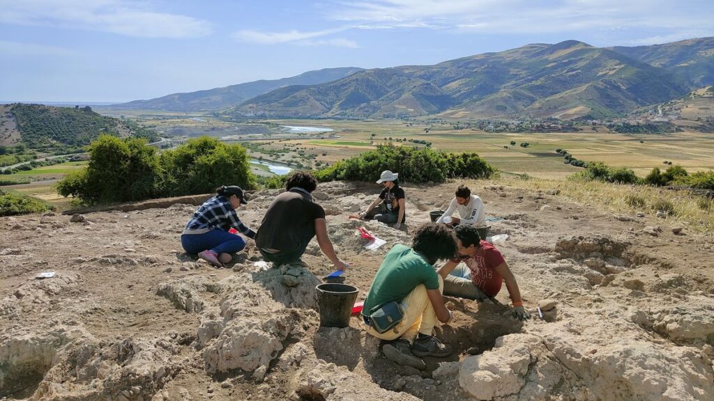 a group of people excavate a site with mountains behind them