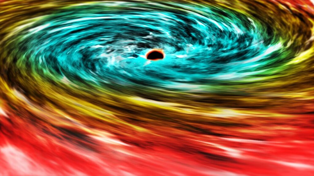 An illustration of a spinning black hole with multicolor light