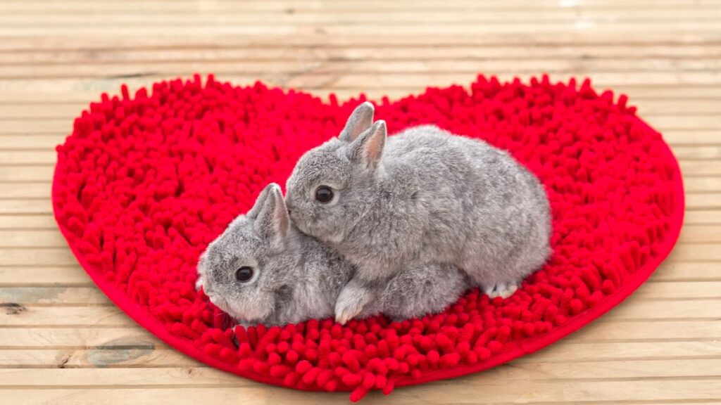 Two rabbits on a heart shaped rug.