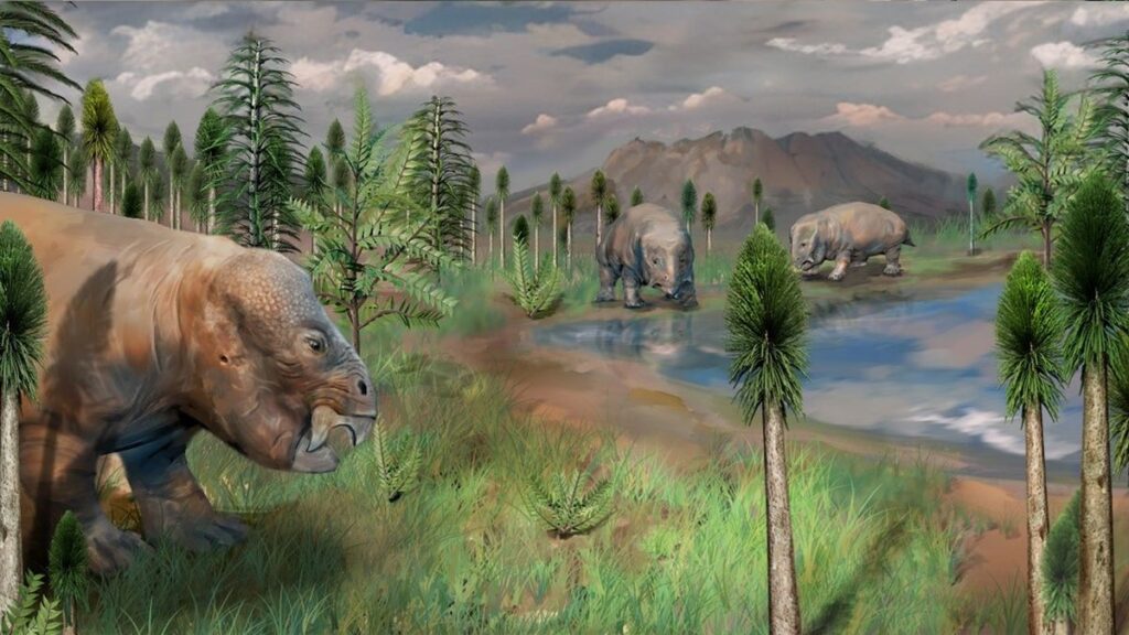 Artistic reconstruction of the terrestrial ecological landscape with dinosaurs.