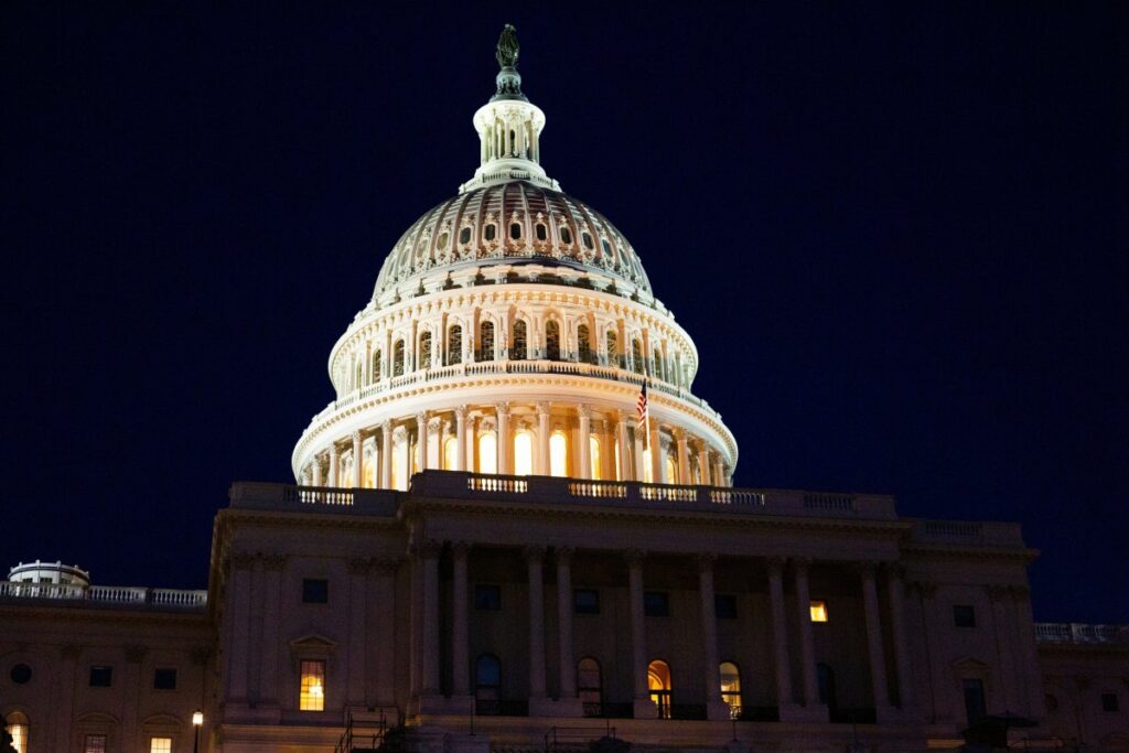 Congress, seen from outside at night