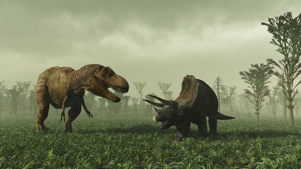 An illustration of a T. rex and Triceratops in a field together