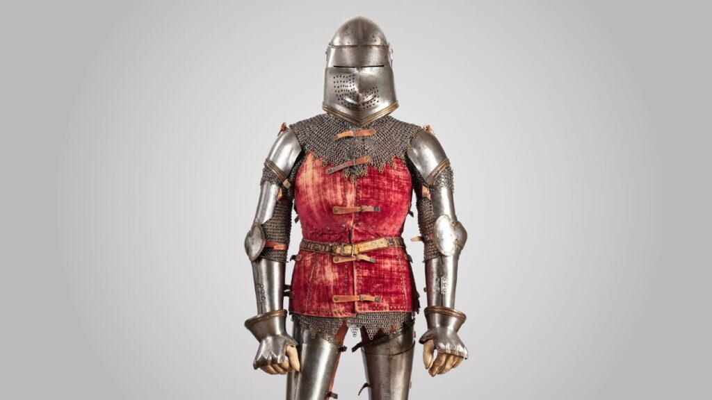 A photo of medieval plate armor that a &quot;knight in shining armor&quot; would wear.