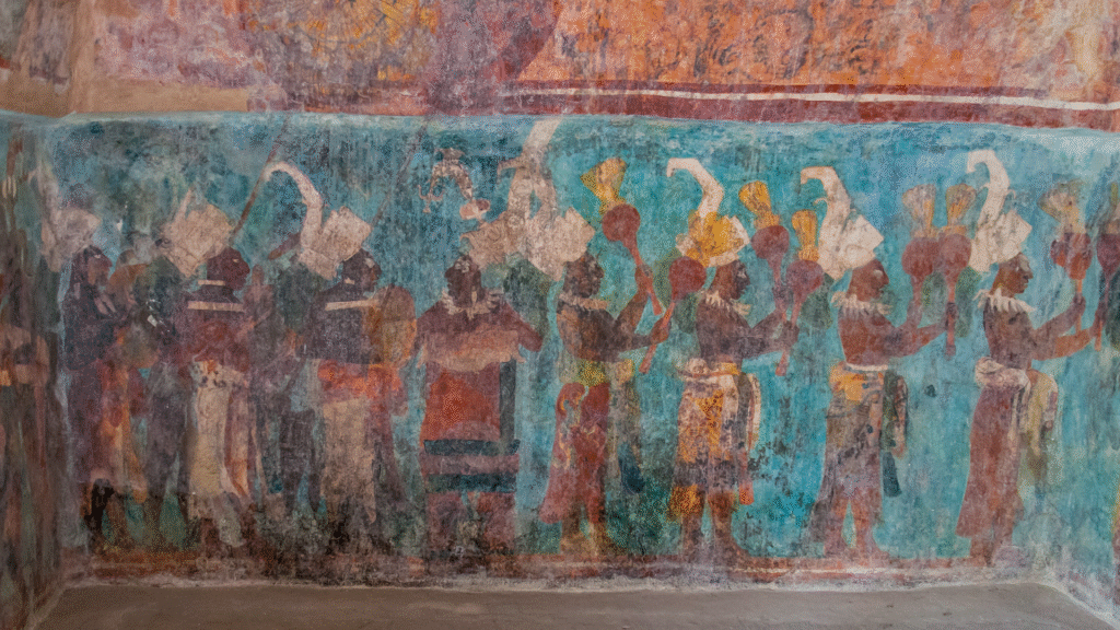 Close-up of a wall mural with dark-skinned people facing right, dressed in fancy outfits; the background is a stunning turquoise color called Maya blue