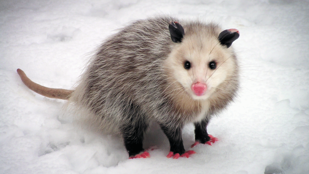 Virginia Opossum in the snow.